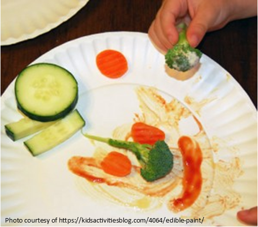 Child's hand painting with veggies and dip on a paper plate.