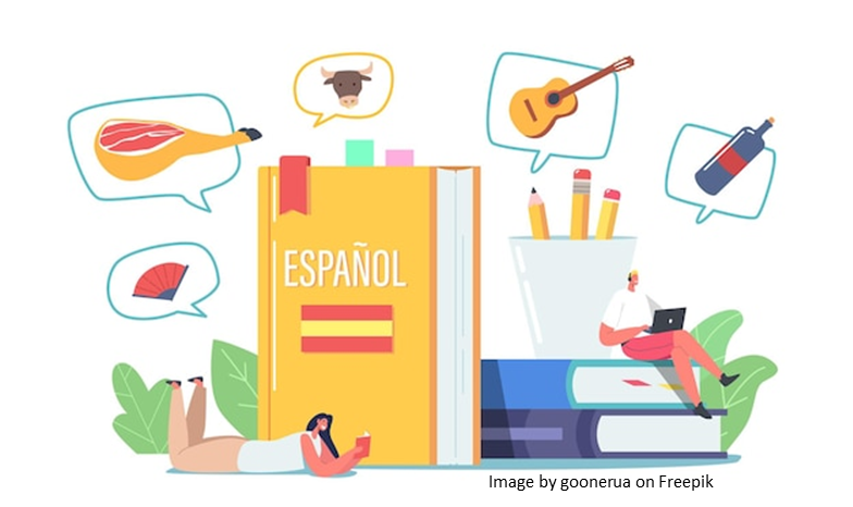 Clipart shows books and people learning related to the Spanish language.