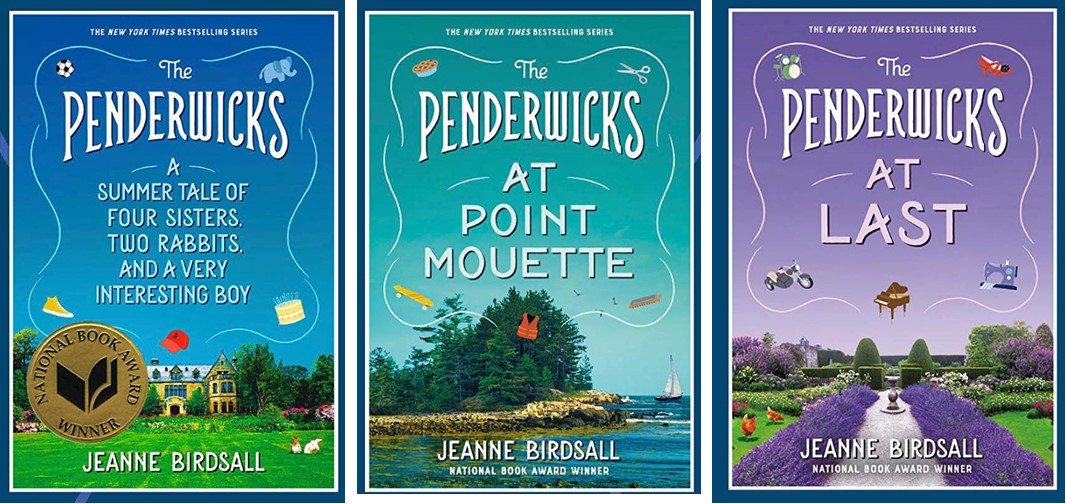 Book Covers of The Penderwicks series books 1, 3, and 5 by Jeanne Birdsall.