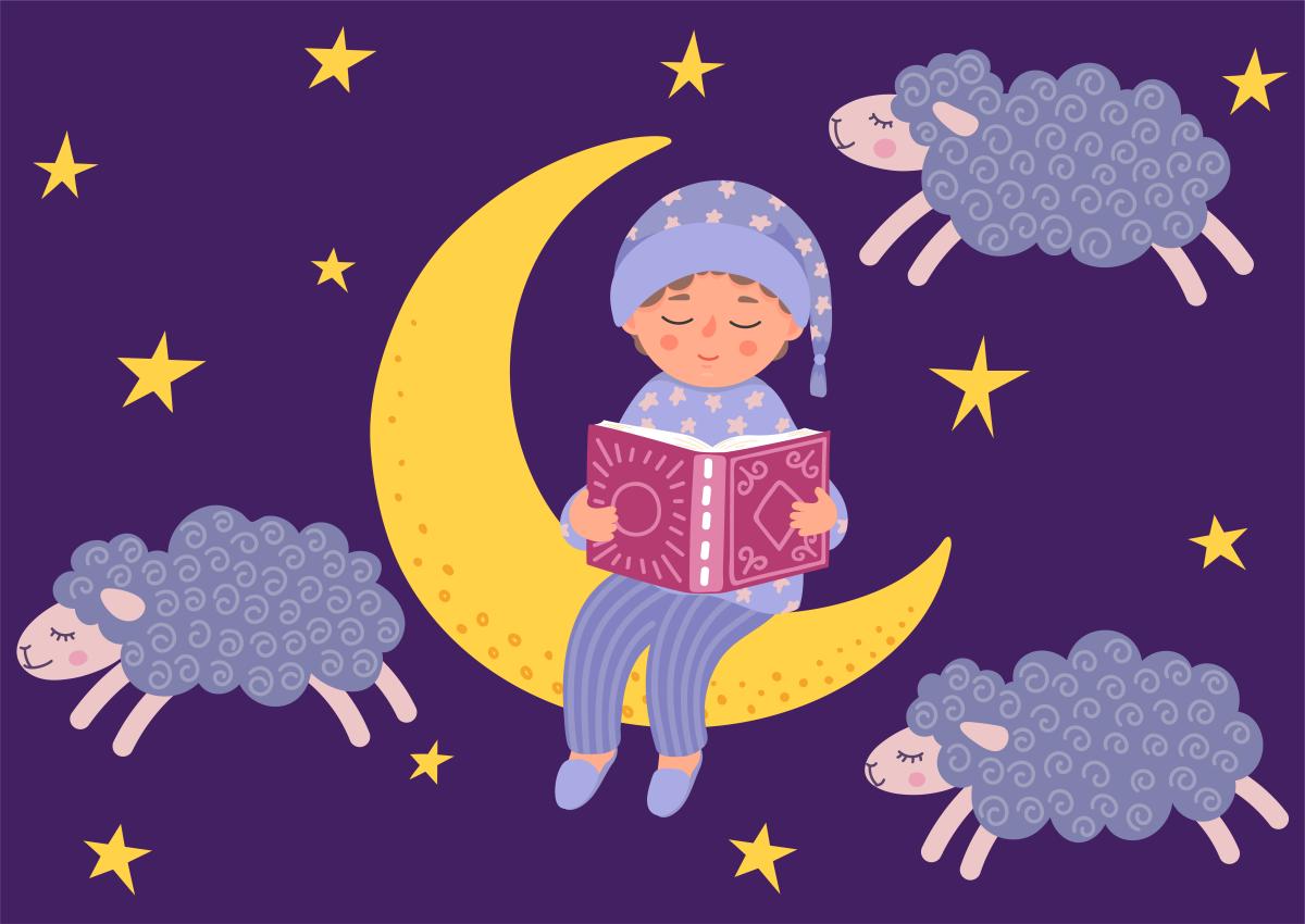 Pajama Storytime Boy in pajamas sits on crescent moon reading a book. Sheep are nearby.