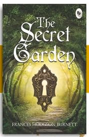 book cover for The Secret Garden by Frances Hodgson Burnett. Shows a garden with a fancy bronze lock.