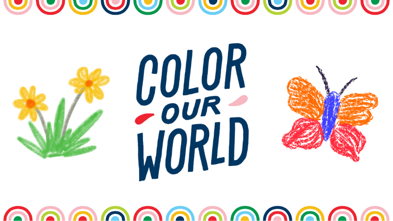 2025 Summer Reading Theme reads Color Our World with pictures of yellow flowers and a butterfly