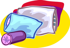 clip art of four pillows: a round purple pillow, a square blue pillow, a rectangular white pillow and a large red pillow.